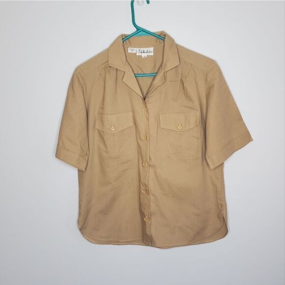 Lady Manhattan 16 Short Sleeve Button Down Shirt Tan Front Breast Pockets - Picture 3 of 7